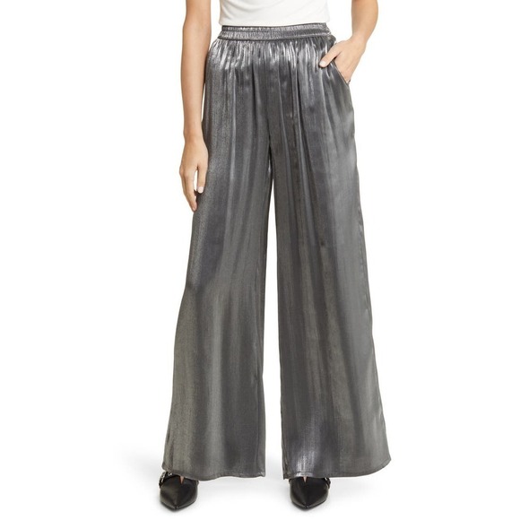Nordstrom Shine Pant Wide Leg Pull On High Waisted Trousers Metallic Silver 2X - Picture 1 of 8